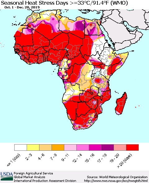 Africa Seasonal Heat Stress Days >=35°C/95°F (WMO) Thematic Map For 10/1/2019 - 12/20/2019