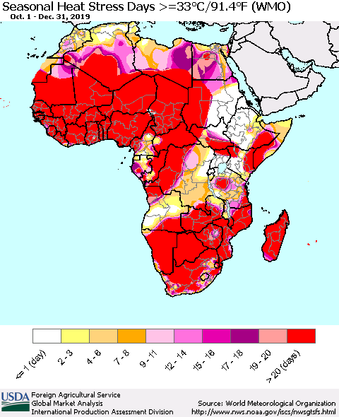 Africa Seasonal Heat Stress Days >=35°C/95°F (WMO) Thematic Map For 10/1/2019 - 12/31/2019