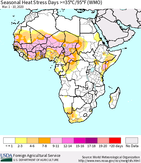 Africa Seasonal Heat Stress Days >=35°C/95°F (WMO) Thematic Map For 3/1/2020 - 3/10/2020