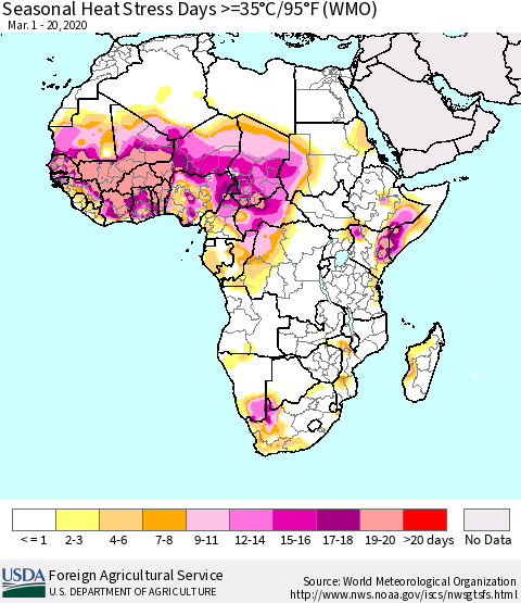 Africa Seasonal Heat Stress Days >=35°C/95°F (WMO) Thematic Map For 3/1/2020 - 3/20/2020