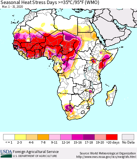 Africa Seasonal Heat Stress Days >=35°C/95°F (WMO) Thematic Map For 3/1/2020 - 3/31/2020