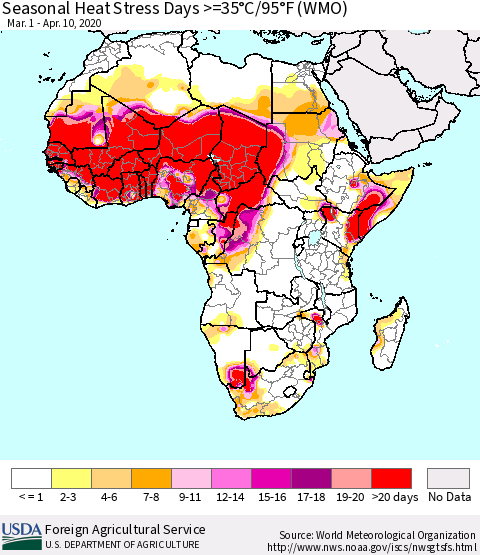 Africa Seasonal Heat Stress Days >=35°C/95°F (WMO) Thematic Map For 3/1/2020 - 4/10/2020