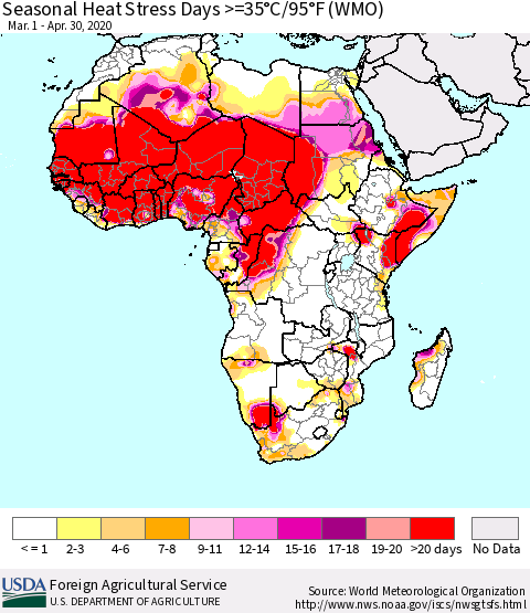 Africa Seasonal Heat Stress Days >=35°C/95°F (WMO) Thematic Map For 3/1/2020 - 4/30/2020
