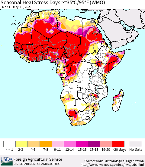 Africa Seasonal Heat Stress Days >=35°C/95°F (WMO) Thematic Map For 3/1/2020 - 5/10/2020