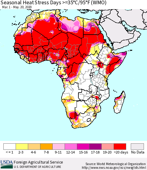 Africa Seasonal Heat Stress Days >=35°C/95°F (WMO) Thematic Map For 3/1/2020 - 5/20/2020