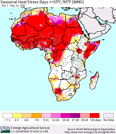 Africa Seasonal Heat Stress Days >=35°C/95°F (WMO) Thematic Map For 3/1/2020 - 5/31/2020