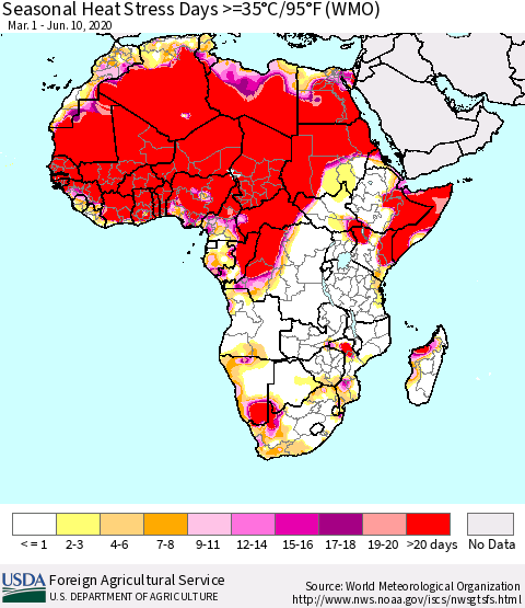 Africa Seasonal Heat Stress Days >=35°C/95°F (WMO) Thematic Map For 3/1/2020 - 6/10/2020