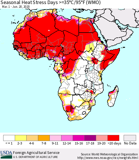 Africa Seasonal Heat Stress Days >=35°C/95°F (WMO) Thematic Map For 3/1/2020 - 6/20/2020