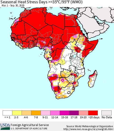 Africa Seasonal Heat Stress Days >=35°C/95°F (WMO) Thematic Map For 3/1/2020 - 9/30/2020
