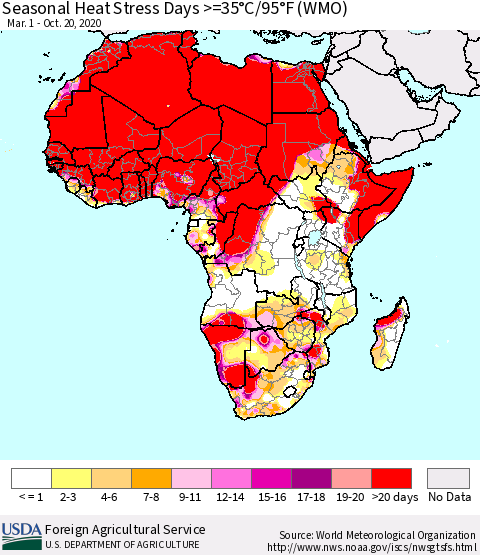 Africa Seasonal Heat Stress Days >=35°C/95°F (WMO) Thematic Map For 3/1/2020 - 10/20/2020
