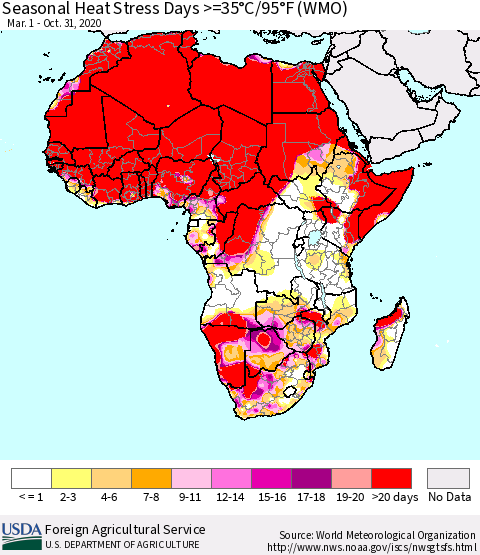Africa Seasonal Heat Stress Days >=35°C/95°F (WMO) Thematic Map For 3/1/2020 - 10/31/2020