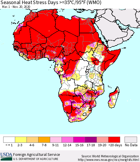 Africa Seasonal Heat Stress Days >=35°C/95°F (WMO) Thematic Map For 3/1/2020 - 11/20/2020