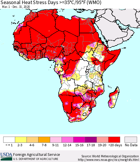 Africa Seasonal Heat Stress Days >=35°C/95°F (WMO) Thematic Map For 3/1/2020 - 12/31/2020