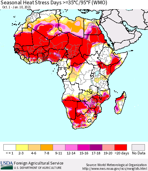 Africa Seasonal Heat Stress Days >=35°C/95°F (WMO) Thematic Map For 10/1/2020 - 1/10/2021