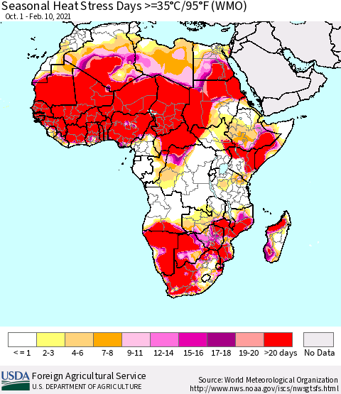 Africa Seasonal Heat Stress Days >=35°C/95°F (WMO) Thematic Map For 10/1/2020 - 2/10/2021