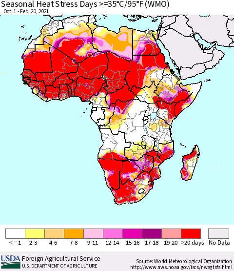 Africa Seasonal Heat Stress Days >=35°C/95°F (WMO) Thematic Map For 10/1/2020 - 2/20/2021
