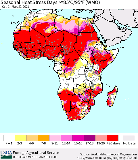 Africa Seasonal Heat Stress Days >=35°C/95°F (WMO) Thematic Map For 10/1/2020 - 3/20/2021