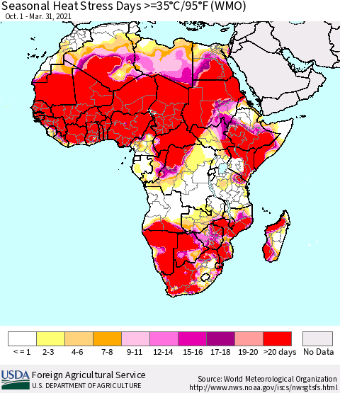 Africa Seasonal Heat Stress Days >=35°C/95°F (WMO) Thematic Map For 10/1/2020 - 3/31/2021