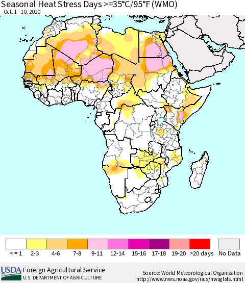 Africa Seasonal Heat Stress Days >=35°C/95°F (WMO) Thematic Map For 10/1/2020 - 10/10/2020