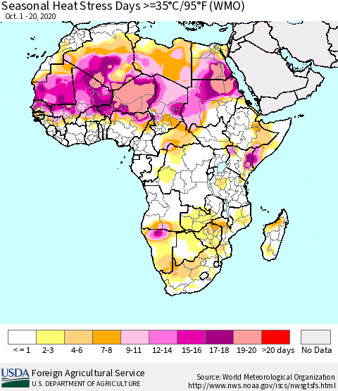 Africa Seasonal Heat Stress Days >=35°C/95°F (WMO) Thematic Map For 10/1/2020 - 10/20/2020