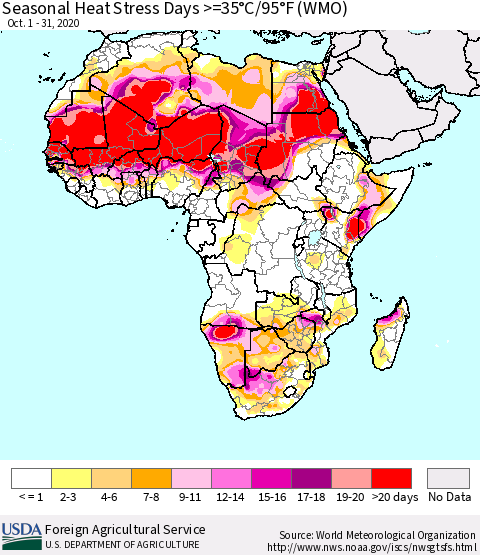 Africa Seasonal Heat Stress Days >=35°C/95°F (WMO) Thematic Map For 10/1/2020 - 10/31/2020