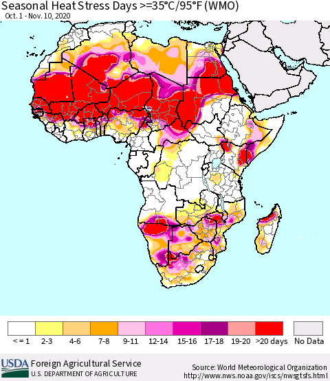 Africa Seasonal Heat Stress Days >=35°C/95°F (WMO) Thematic Map For 10/1/2020 - 11/10/2020