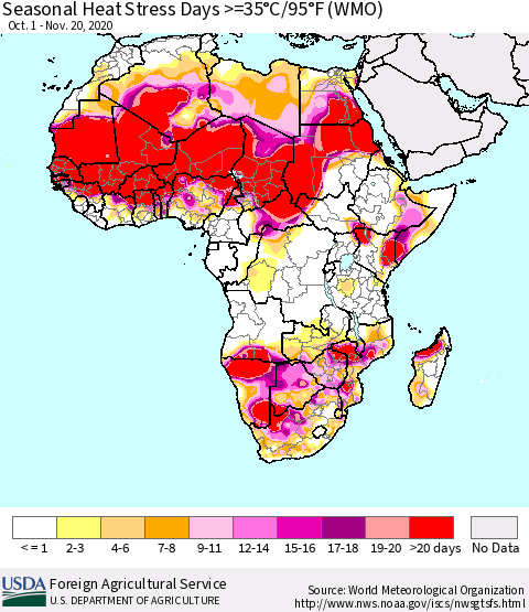 Africa Seasonal Heat Stress Days >=35°C/95°F (WMO) Thematic Map For 10/1/2020 - 11/20/2020