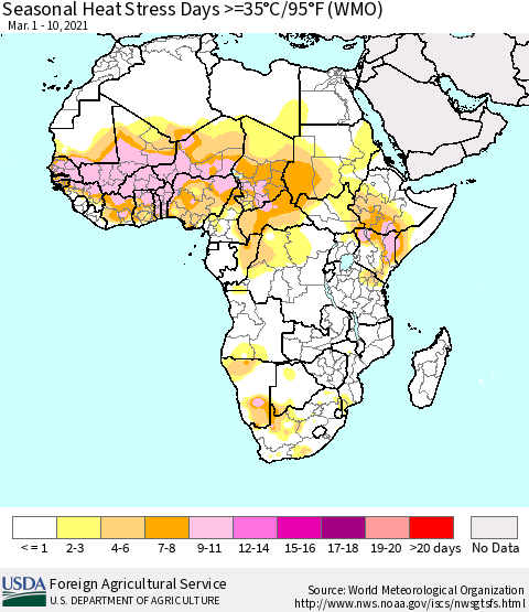 Africa Seasonal Heat Stress Days >=35°C/95°F (WMO) Thematic Map For 3/1/2021 - 3/10/2021