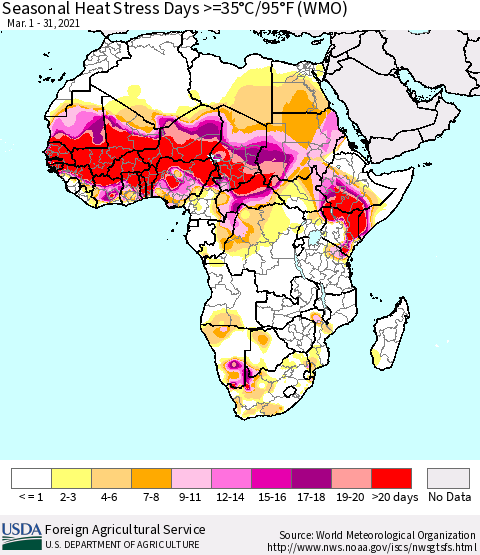 Africa Seasonal Heat Stress Days >=35°C/95°F (WMO) Thematic Map For 3/1/2021 - 3/31/2021