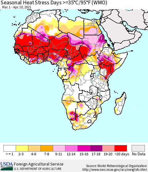 Africa Seasonal Heat Stress Days >=35°C/95°F (WMO) Thematic Map For 3/1/2021 - 4/10/2021