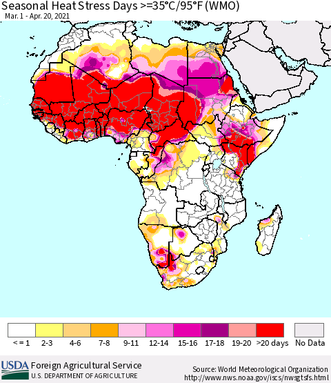 Africa Seasonal Heat Stress Days >=35°C/95°F (WMO) Thematic Map For 3/1/2021 - 4/20/2021
