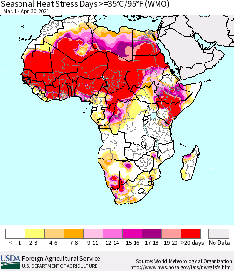 Africa Seasonal Heat Stress Days >=35°C/95°F (WMO) Thematic Map For 3/1/2021 - 4/30/2021