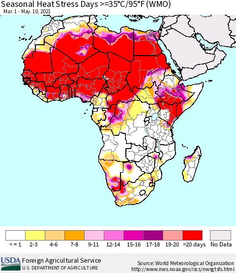 Africa Seasonal Heat Stress Days >=35°C/95°F (WMO) Thematic Map For 3/1/2021 - 5/10/2021
