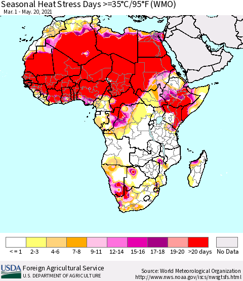 Africa Seasonal Heat Stress Days >=35°C/95°F (WMO) Thematic Map For 3/1/2021 - 5/20/2021