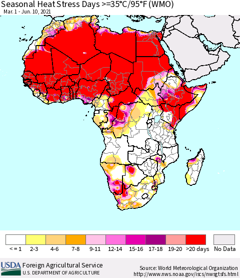 Africa Seasonal Heat Stress Days >=35°C/95°F (WMO) Thematic Map For 3/1/2021 - 6/10/2021