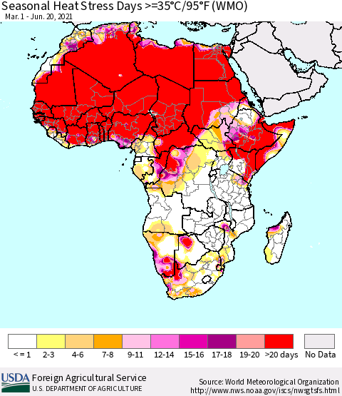 Africa Seasonal Heat Stress Days >=35°C/95°F (WMO) Thematic Map For 3/1/2021 - 6/20/2021