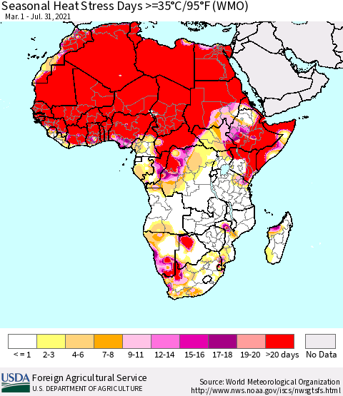 Africa Seasonal Heat Stress Days >=35°C/95°F (WMO) Thematic Map For 3/1/2021 - 7/31/2021