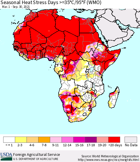 Africa Seasonal Heat Stress Days >=35°C/95°F (WMO) Thematic Map For 3/1/2021 - 9/30/2021