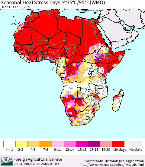 Africa Seasonal Heat Stress Days >=35°C/95°F (WMO) Thematic Map For 3/1/2021 - 10/10/2021