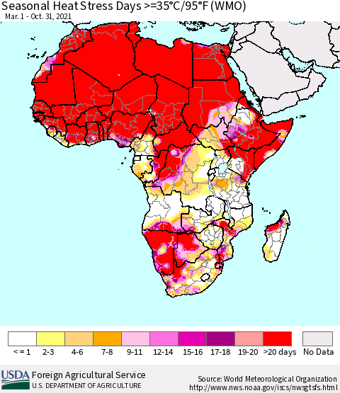 Africa Seasonal Heat Stress Days >=35°C/95°F (WMO) Thematic Map For 3/1/2021 - 10/31/2021