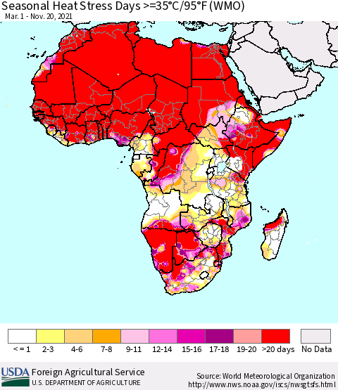 Africa Seasonal Heat Stress Days >=35°C/95°F (WMO) Thematic Map For 3/1/2021 - 11/20/2021