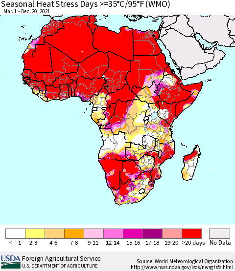 Africa Seasonal Heat Stress Days >=35°C/95°F (WMO) Thematic Map For 3/1/2021 - 12/20/2021