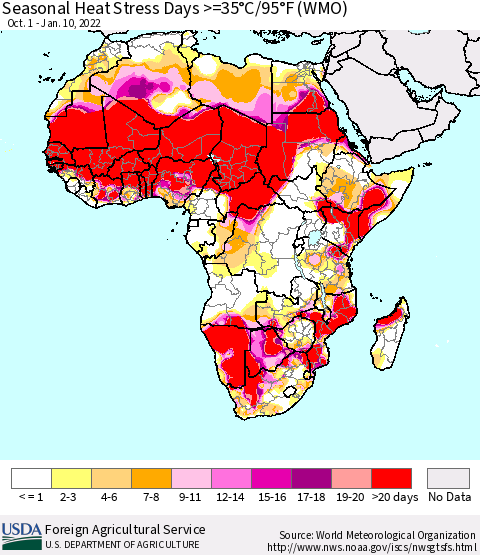 Africa Seasonal Heat Stress Days >=35°C/95°F (WMO) Thematic Map For 10/1/2021 - 1/10/2022