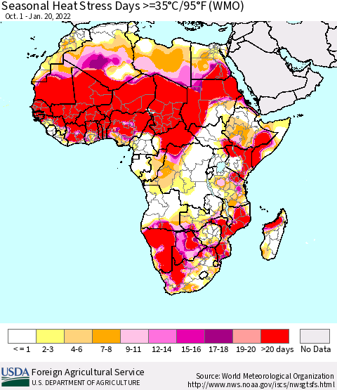 Africa Seasonal Heat Stress Days >=35°C/95°F (WMO) Thematic Map For 10/1/2021 - 1/20/2022