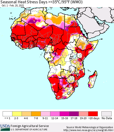 Africa Seasonal Heat Stress Days >=35°C/95°F (WMO) Thematic Map For 10/1/2021 - 2/20/2022