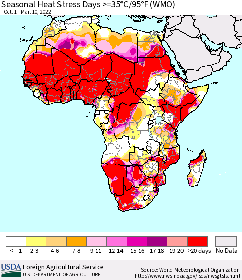 Africa Seasonal Heat Stress Days >=35°C/95°F (WMO) Thematic Map For 10/1/2021 - 3/10/2022