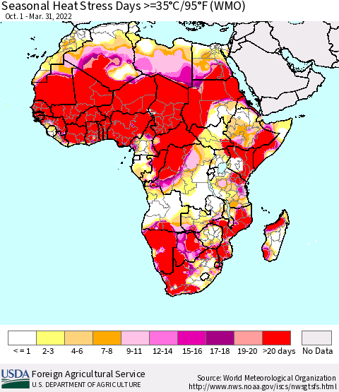 Africa Seasonal Heat Stress Days >=35°C/95°F (WMO) Thematic Map For 10/1/2021 - 3/31/2022
