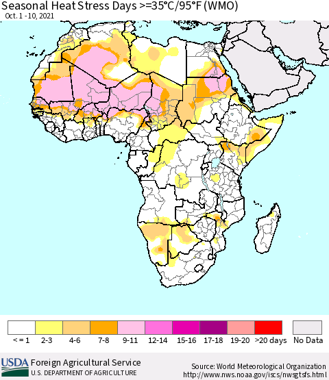Africa Seasonal Heat Stress Days >=35°C/95°F (WMO) Thematic Map For 10/1/2021 - 10/10/2021