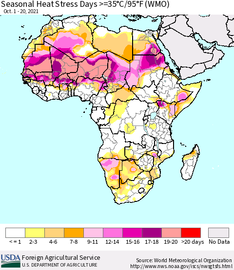 Africa Seasonal Heat Stress Days >=35°C/95°F (WMO) Thematic Map For 10/1/2021 - 10/20/2021