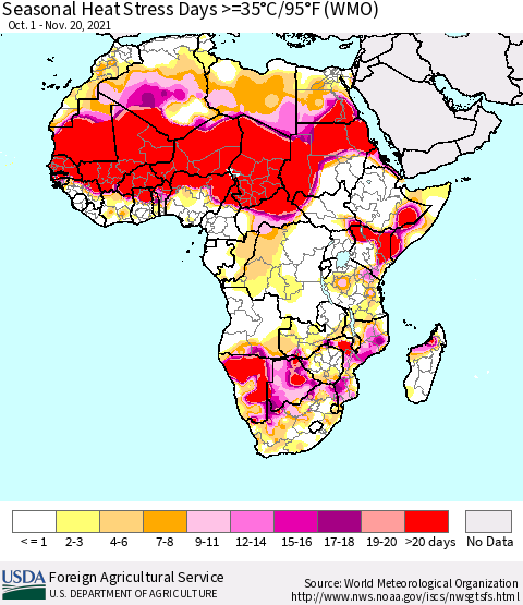 Africa Seasonal Heat Stress Days >=35°C/95°F (WMO) Thematic Map For 10/1/2021 - 11/20/2021